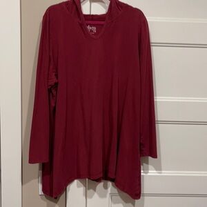 Denim & Co. Long SleeveTop w/hood Sz 2X V-neck w/Trapeze Hem deep red/wine